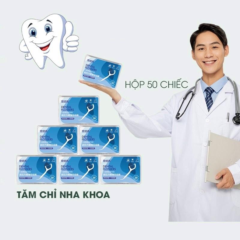 Hộp 50c Tăm Chỉ Nha Khoa Chăm Sóc Răng Miệng Không Xoay Siêu Mịn