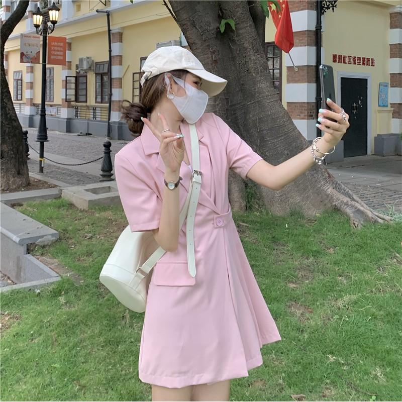 Đầm Cổ Vest Xếp Ly Buộc Eo Ulzzang