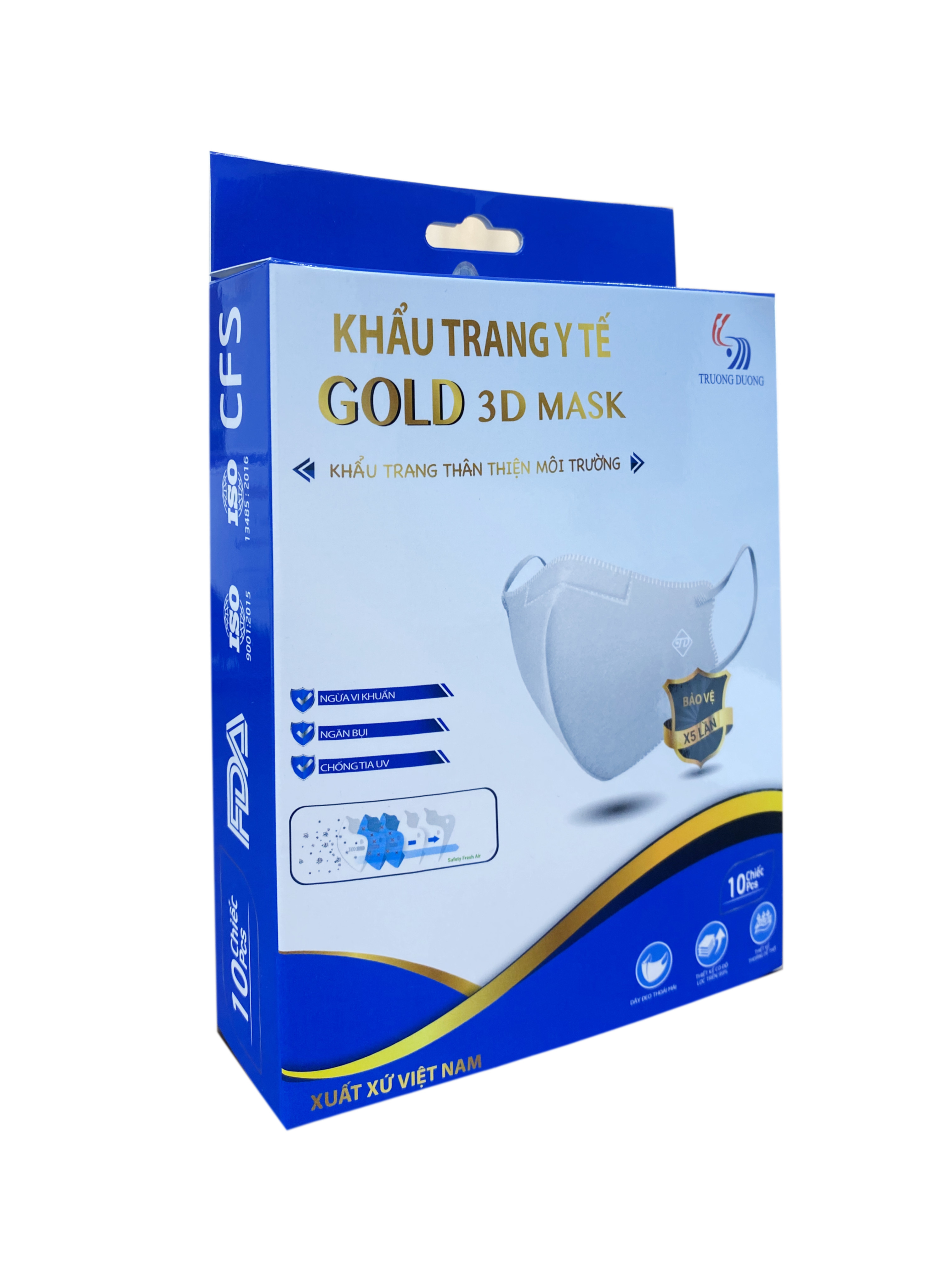 Khẩu trang y tế Gold 3D Mask Hộp 10 cái _ Bảo vệ toàn diện, lọc bụi mịn, kháng khuẩn, chống nắng hiệu quả