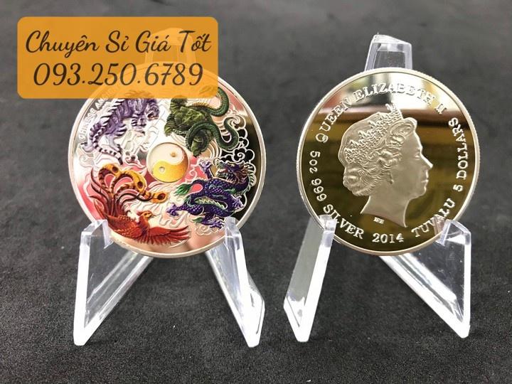 Đồng Xu Tứ Linh In Màu 3D Phong Thủy May Mắn, kèm Túi Gấm Đỏ - PASA COLLECTION