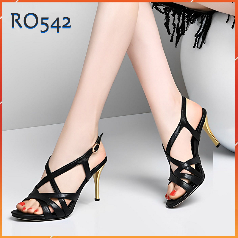 Giày sandal nữ cao gót 7 phân hàng hiệu rosata hai màu đen vàng thời trang ro542