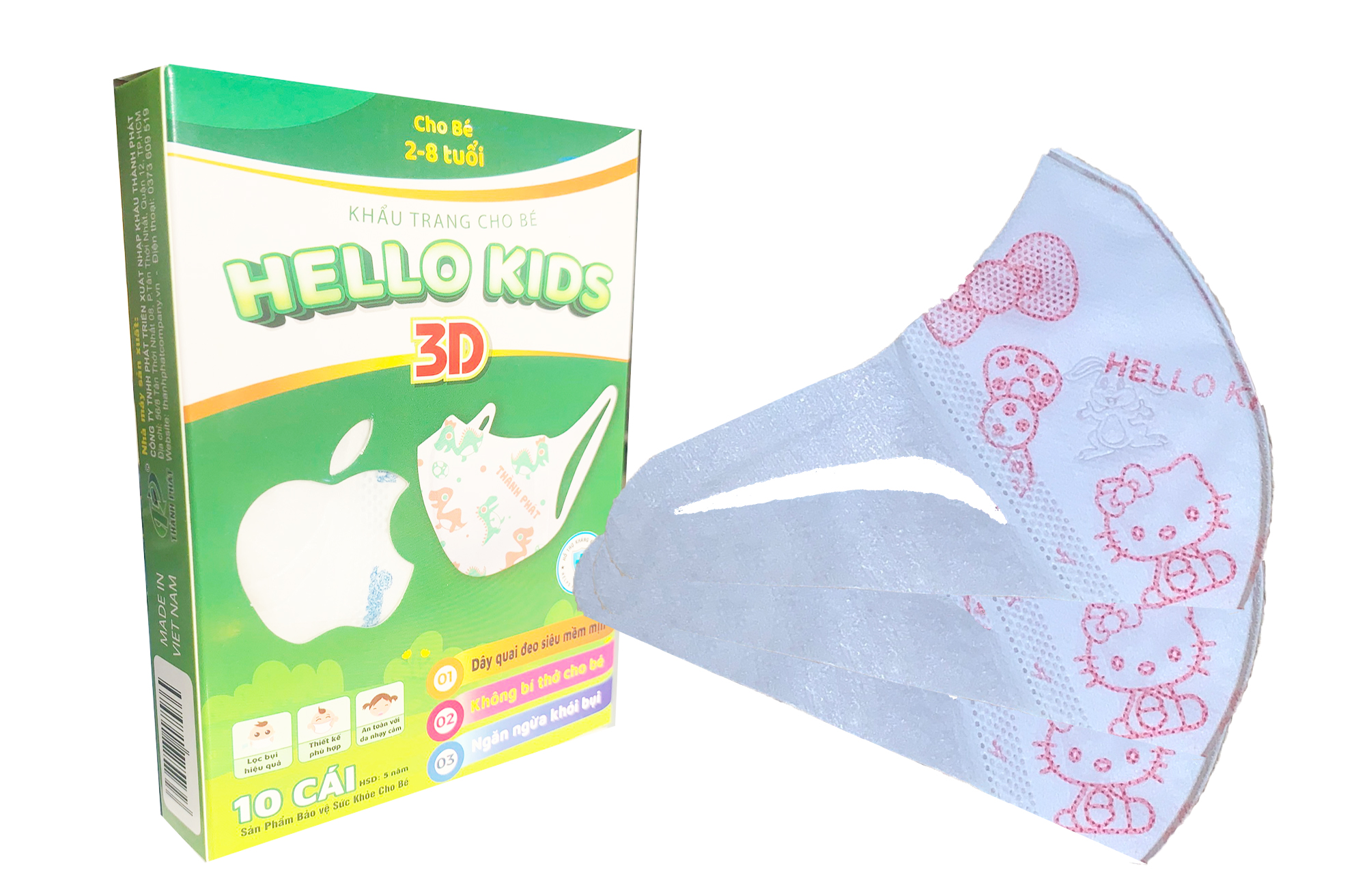 [KHÁNG KHUẨN, NGĂN BỤI MỊN BẢO VỆ BÉ] Khẩu Trang Em Bé Hello Mask Kids 3D - Quai Nhật Hộp 10 Cái Tiện Lợi Nhiều Hoạ Tiết Dễ Thương Kháng Khuẩn, Bụi, Vi Rút Bảo Vệ Bé