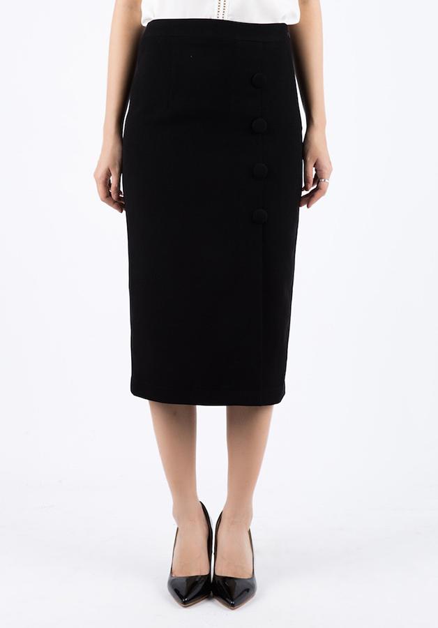 Chân Váy Midi Cúc Bọc De Leah - Đen