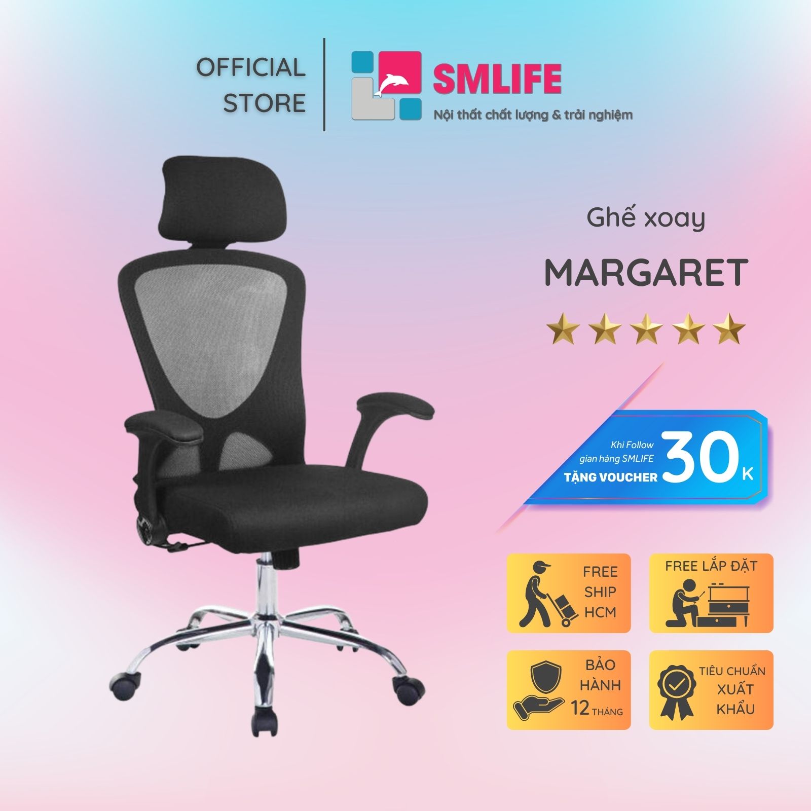 Ghế xoay nhân viên bọc lưới có tựa đầu SMLIFE Margaret