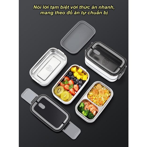 Hộp cơm 3 ngăn 2 tầng inox 304 SUS thép không gỉ dành cho văn phòng + Tặng kèm túi cách nhiệt 3 lớp - Home and Garden