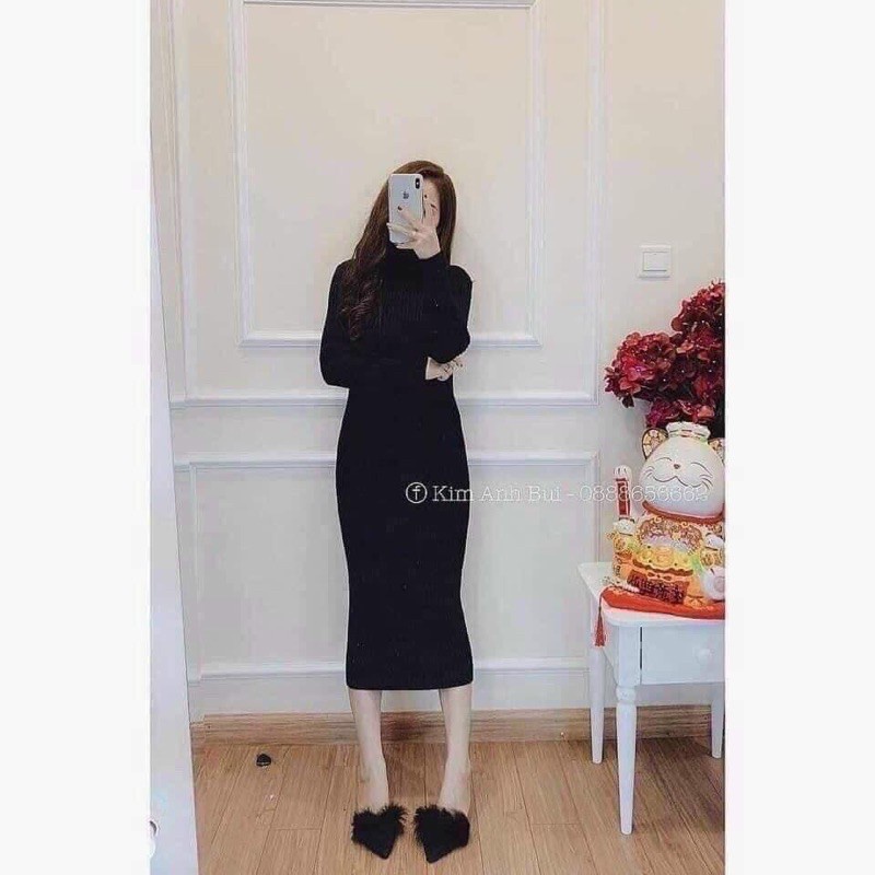 Váy body len tăm nữ cao cổ dáng dài thời trang - Đầm body len tăm cổ lọ dáng dài 1m1