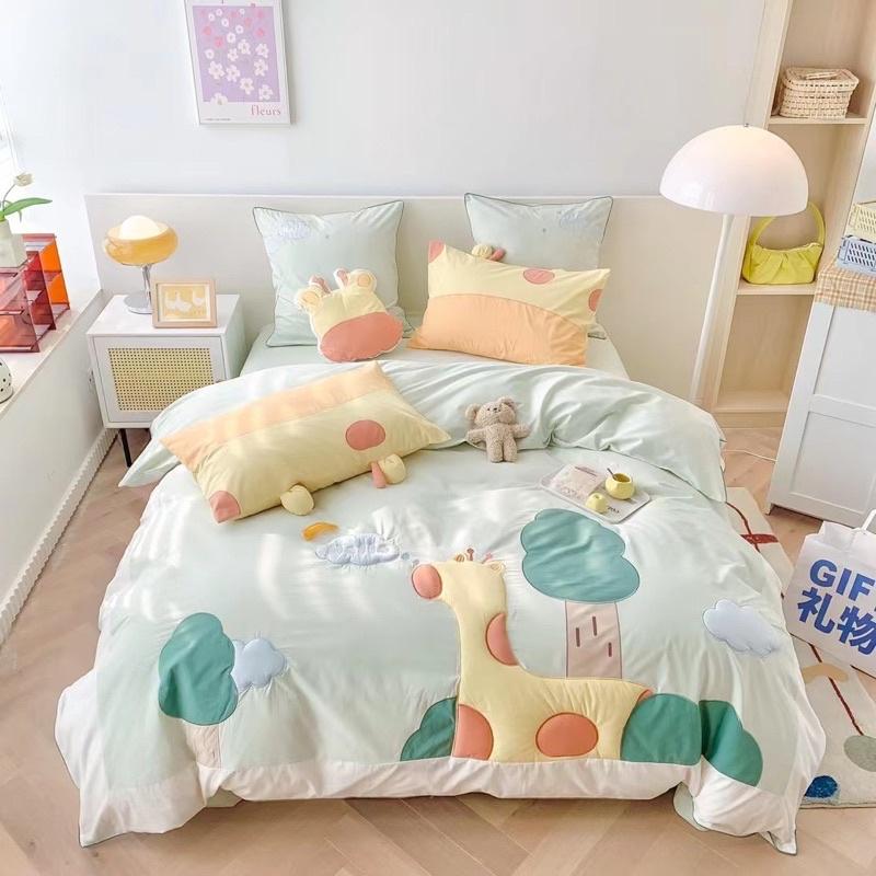 Bộ Chăn Ga Gối Cotton Linen Disney Hàng Nhập Khẩu Cao Cấp 5Món Mẫu Hươu Cao Cổ