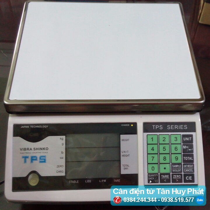 Cân điện tử đếm mẫu Vibra TPS 3kg/ 6kg/ 15kg/ 30kg, Màn hình LCD nền xanh dễ quan sát, Pin sạc dùng 80h liên tục, Đĩa cân tháo rời dễ dàng vệ sinh khi sử dụng