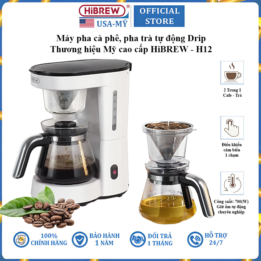 Máy pha cà phê, pha trà tự động Drip thương hiệu HiBREW H12 - Dung tích 750ml - Công suất 700W - Hàng chính hãng