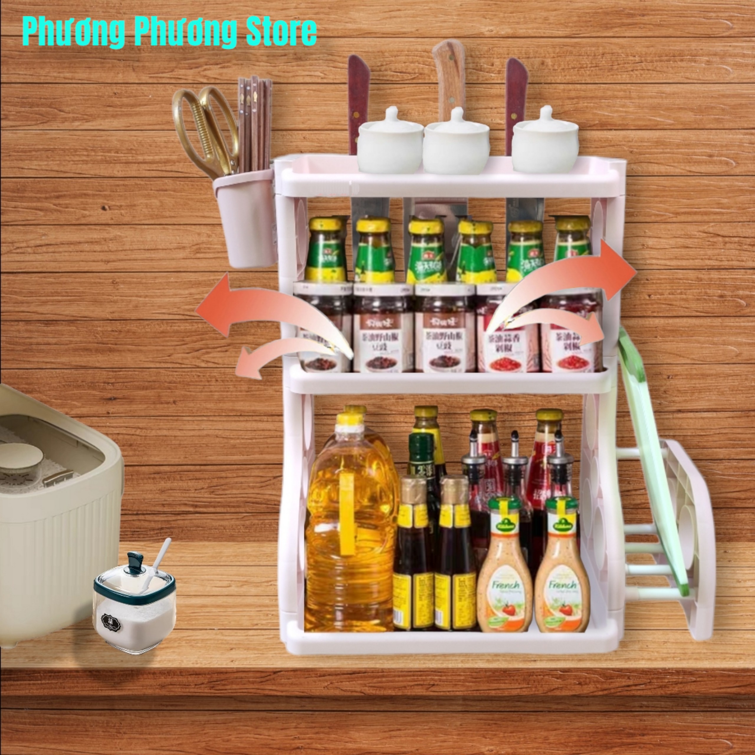 Kệ Gia Vị Chữ H - Kiểu Dáng Hàn Quốc, Kệ Gia Vị 3 Tầng Để Bàn Đa Năng Cao Cấp, Kệ nhà Bếp Có Khe cắm Dao Để Thớt Và Giỏ Đựng Đũa Tiện Lợi 5 in 1