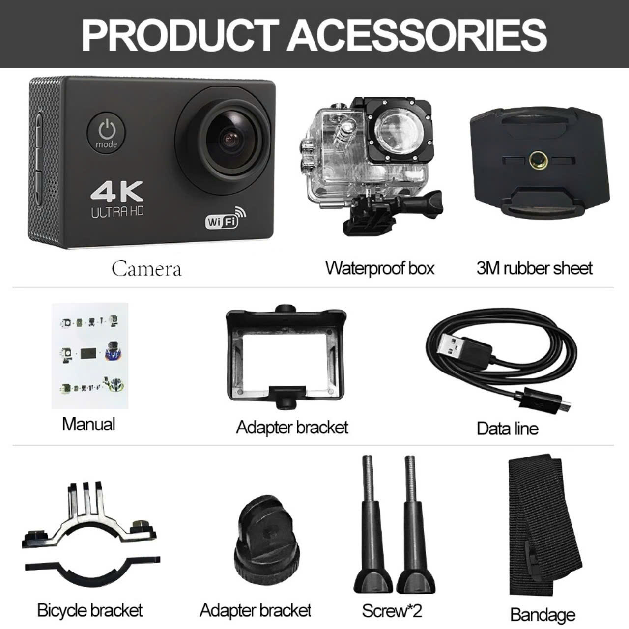 Camera Hành Trình Chống Nước Chống Rung 4K Sports Ultra HD DV Gắn Mũ Bảo Hiểm, Tay xe, gắn gương