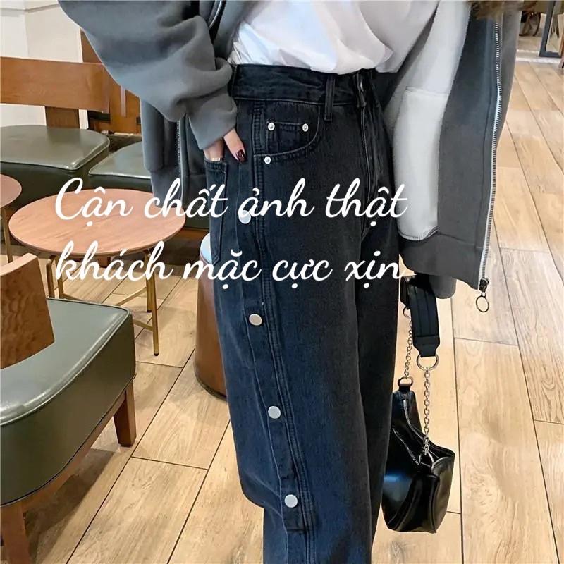 Quần Jean Phối Cúc Nam Nữ Unisex Màu Đen Ống Rộng Lưng Cao Dáng Suông Phong Cách Ulzzang Cá Tính Bụi Đường Phố Đi Học