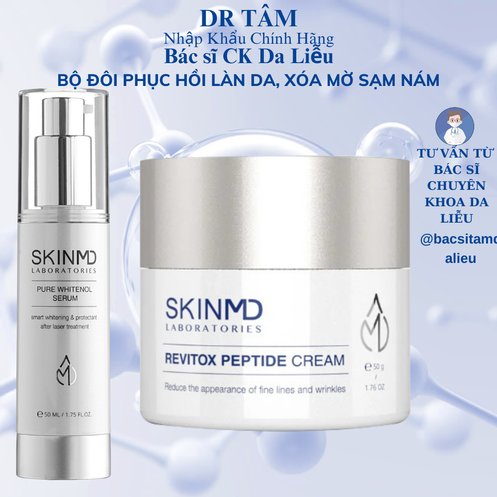 Combo xóa nhăn mờ nám SKINMD PURE WHITENOL SERUM 50ml và SKINMD REVITOX PEPTIDE CREAM 50g cải thiện độ săn chắc và đàn hồi, trẻ hóa da