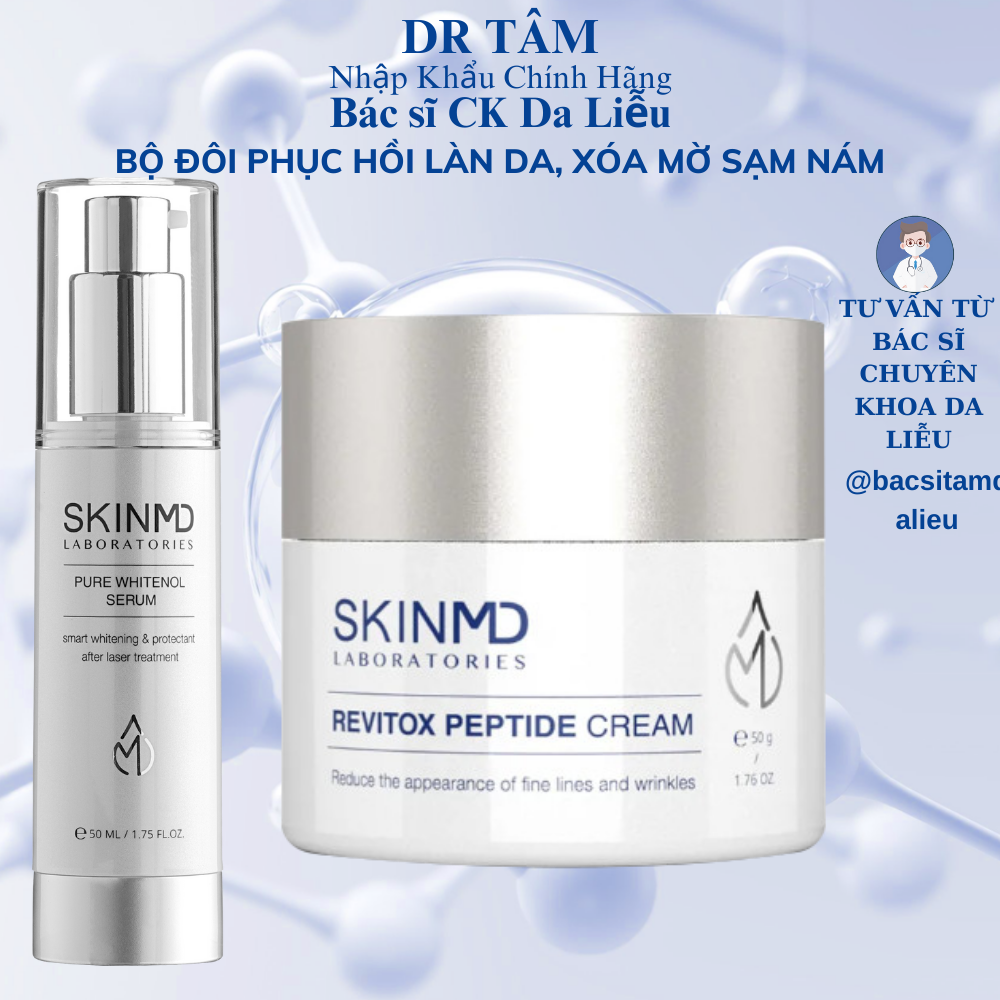 combo xóa nhăn mờ nám SKINMD PURE WHITENOL SERUM 50ml và SKINMD REVITOX PEPTIDE CREAM 50g cải thiện độ săn chắc và đàn hồi, trẻ hóa da