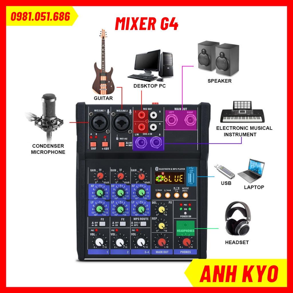 Mixer G4 có tặng kèm 2 tay mic không dây cao cấp, có thể kết nối ra loa kéo, âm ly sử dụng dễ dàng bảo hành 12 tháng