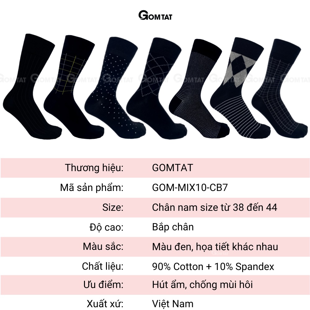 Hộp 7 đôi tất đi giày tây nam cổ cao màu đen, vớ nam công sở cao cổ, chất liệu cotton cao cấp thoáng khí - GOM-MIX10-CB7