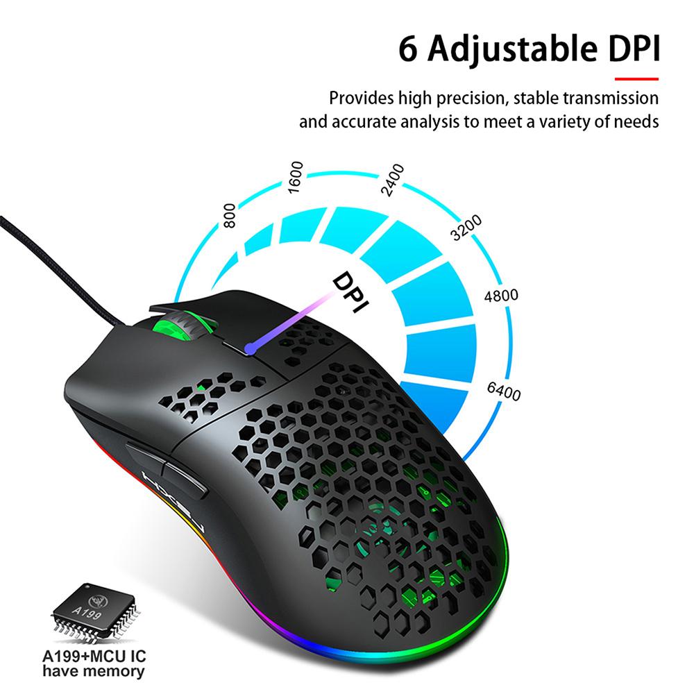Chuột chơi game có dây HXSJ J900 USB RGB với sáu DPI có thể điều chỉnh Thiết kế tiện dụng cho máy tính xách tay Màu trắng