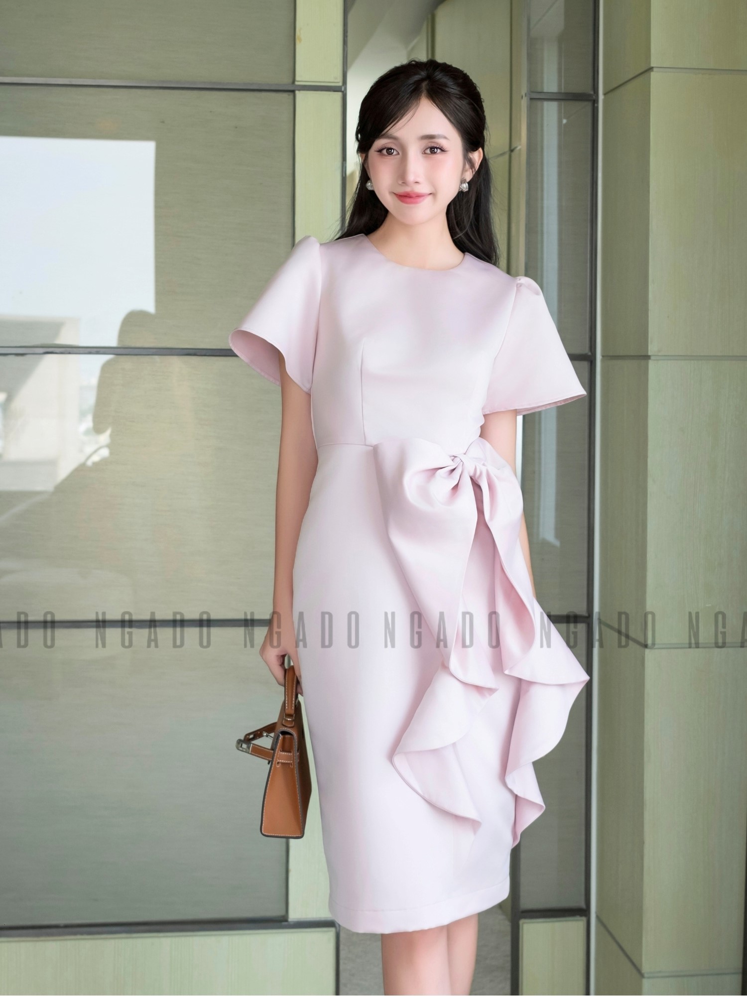 Đầm hồng tay loe NGADO , Đầm dự tiệc sang chảnh , Đầm thiết kế