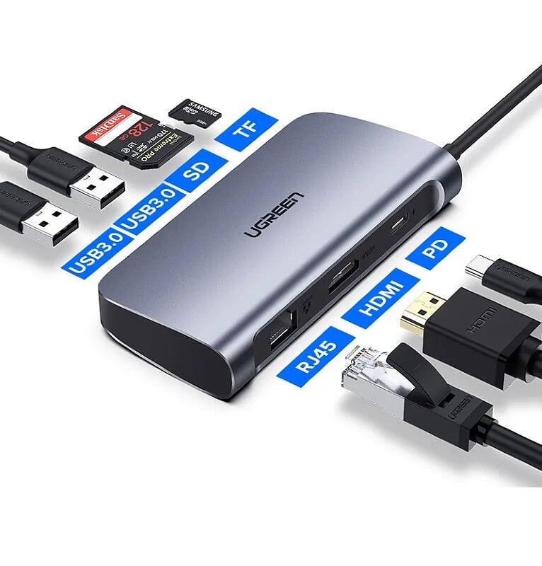 Ugreen UG50852CM212TK 20CM màu xám Hub type c 7 trong 1 docking Ethernet + 4K HDMI + 2 x USB 3.0 + đọc thẻ Micro SD + 100W sạc PD - HÀNG CHÍNH HÃNG
