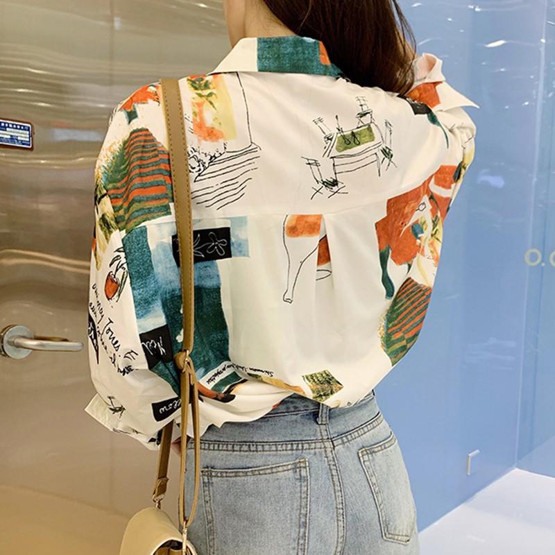 Áo sơ mi dài tay form rộng in họa tiết hoạt hình phong cách vintage thời trang