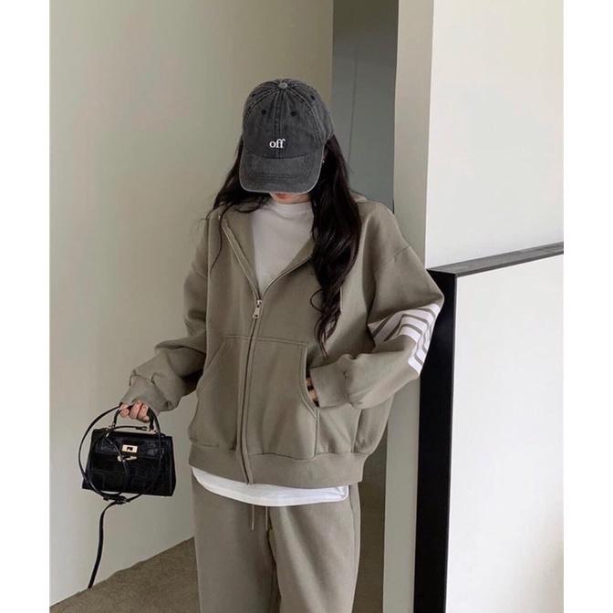 Set bộ quần áo len tăm 3 sọc áo hoodie quần dài màu xám mặc thu đông