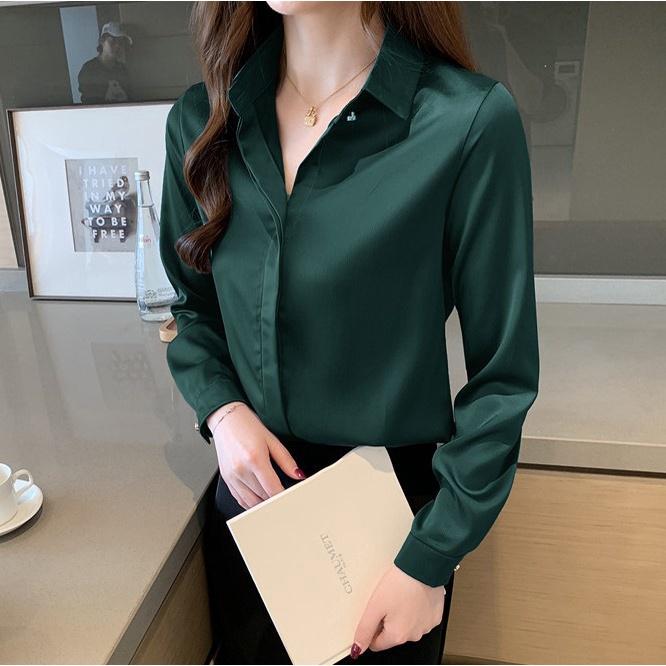 Áo Sơ Mi Nữ Công Sở Màu Xanh Lá Cổ Đức CHIPY Kiểu Hàn Quốc Vintage Ulzzang Form Rộng Dài Tay Đẹp Chất Lụa Cao Cấp A2X