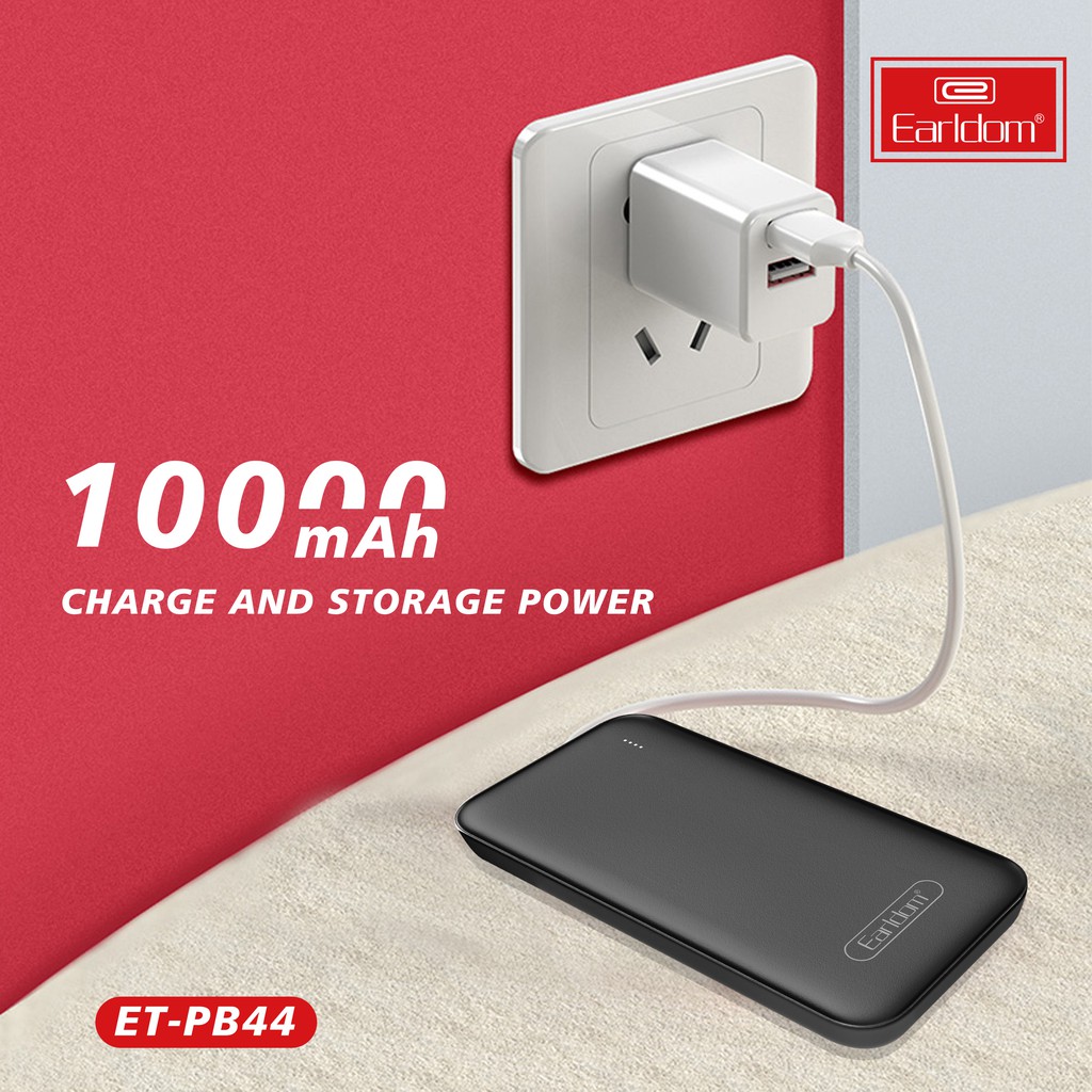 Sạc dự phòng 10.000mAh Earldom PB44, 2 cổng sạc ra USB có công suất max lên tới 2.1A  Trang bị dải đèn LED giúp hiển thị % Pin dùng cho iPhone/ Xiaomi/Samsung/Oppo – hàng chính hãng