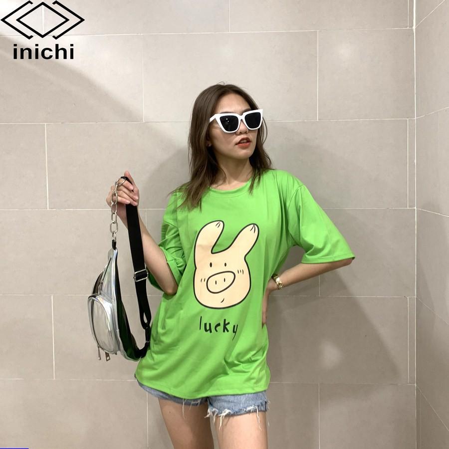 Áo thun Unisex INICHI tay lỡ form rộng phong cách nam nữ - in hình chú heo lucky - A661 màu hồng