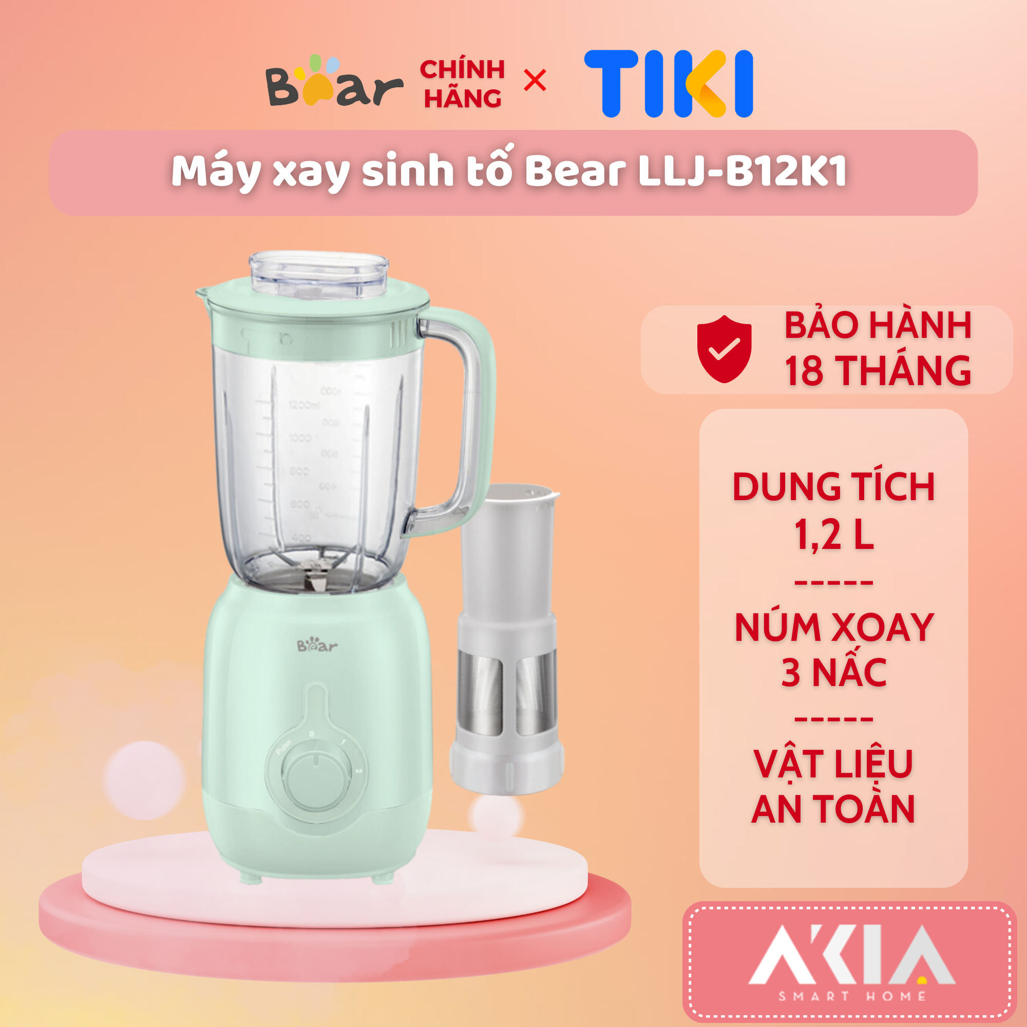 Máy xay sinh tố Bear LLJ-B12K1 - Dung tích 1,2L , Nút vặn 3 tốc độ điều chỉnh, Vật liệu an toàn - HÀNG CHÍNH HÃNG