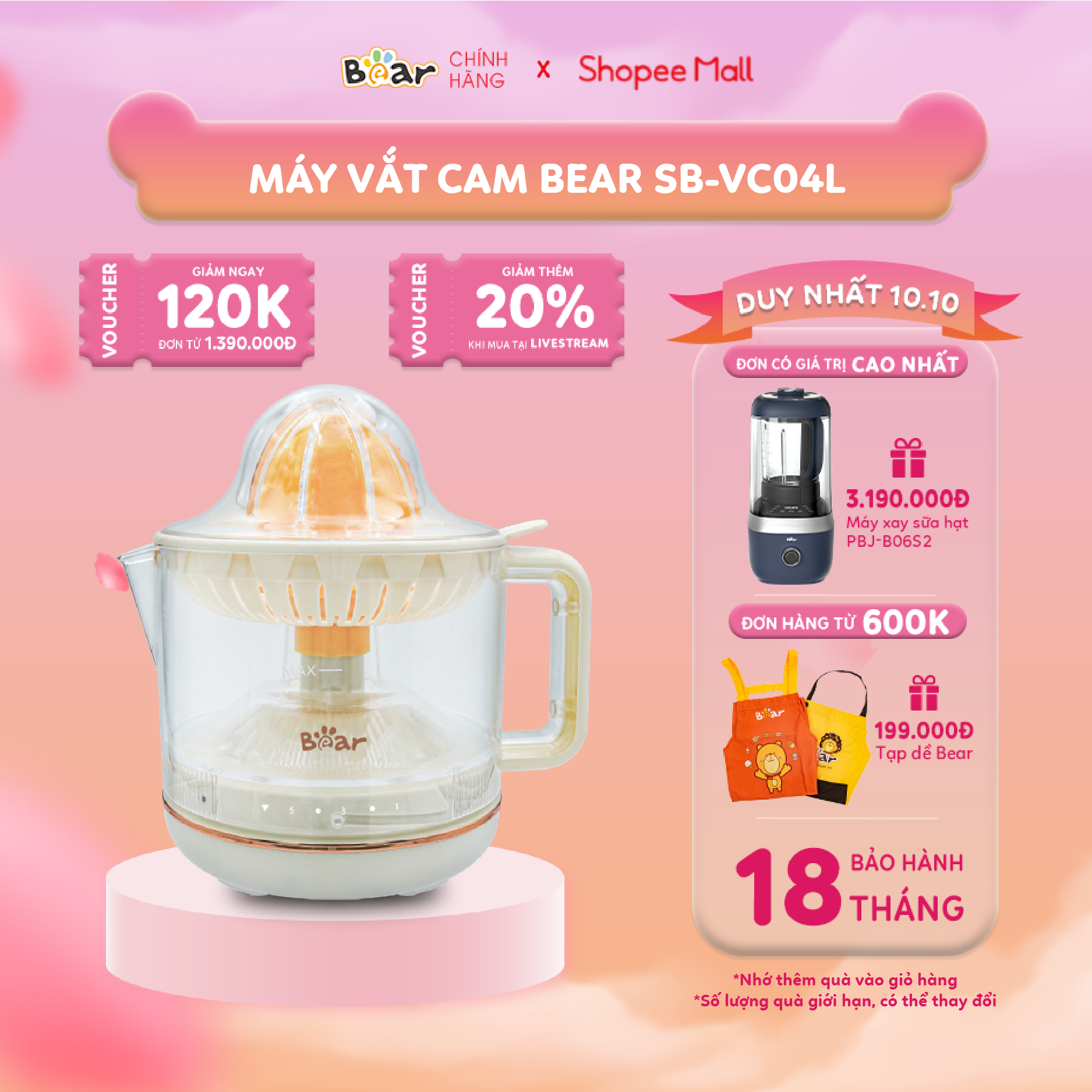 Máy Vắt Cam Tự Động Bear 5 Mức Độ Ép Xoay 2 Chiều Với 3 Đầu Vắt Linh Hoạt Phù Hợp Với Nhiều Trái Cây Dễ Sử Dụng SB-VC04L