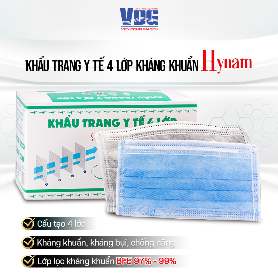 Khẩu trang y tế 4 lớp Hynam - Giấy lọc kháng khuẩn (Hiệu suất lọc (BFE) 97%) - (50 cái/ hộp
