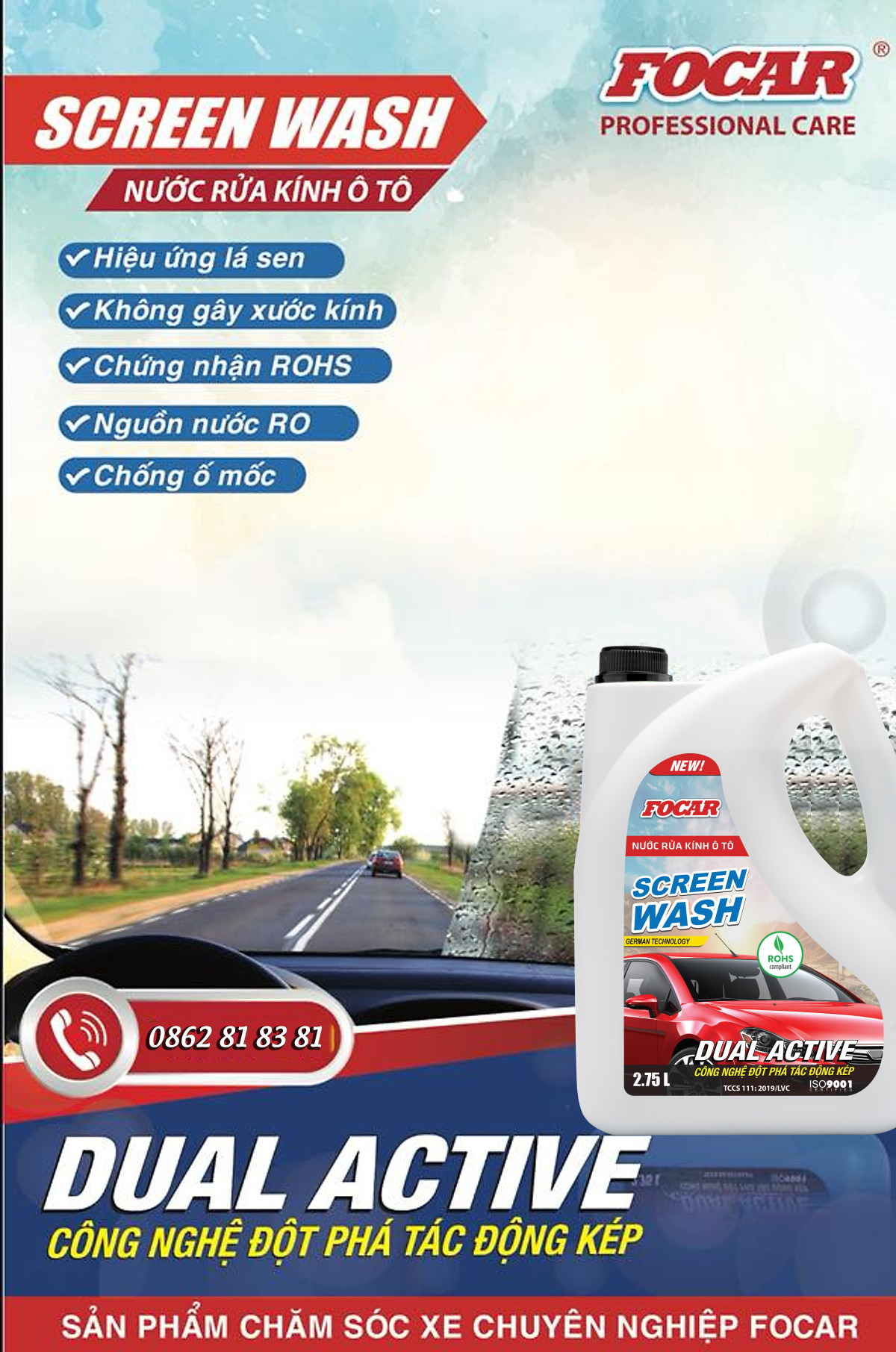 Combo 2 can nước rửa kính ô tô Focar Screen Wash 2.75L