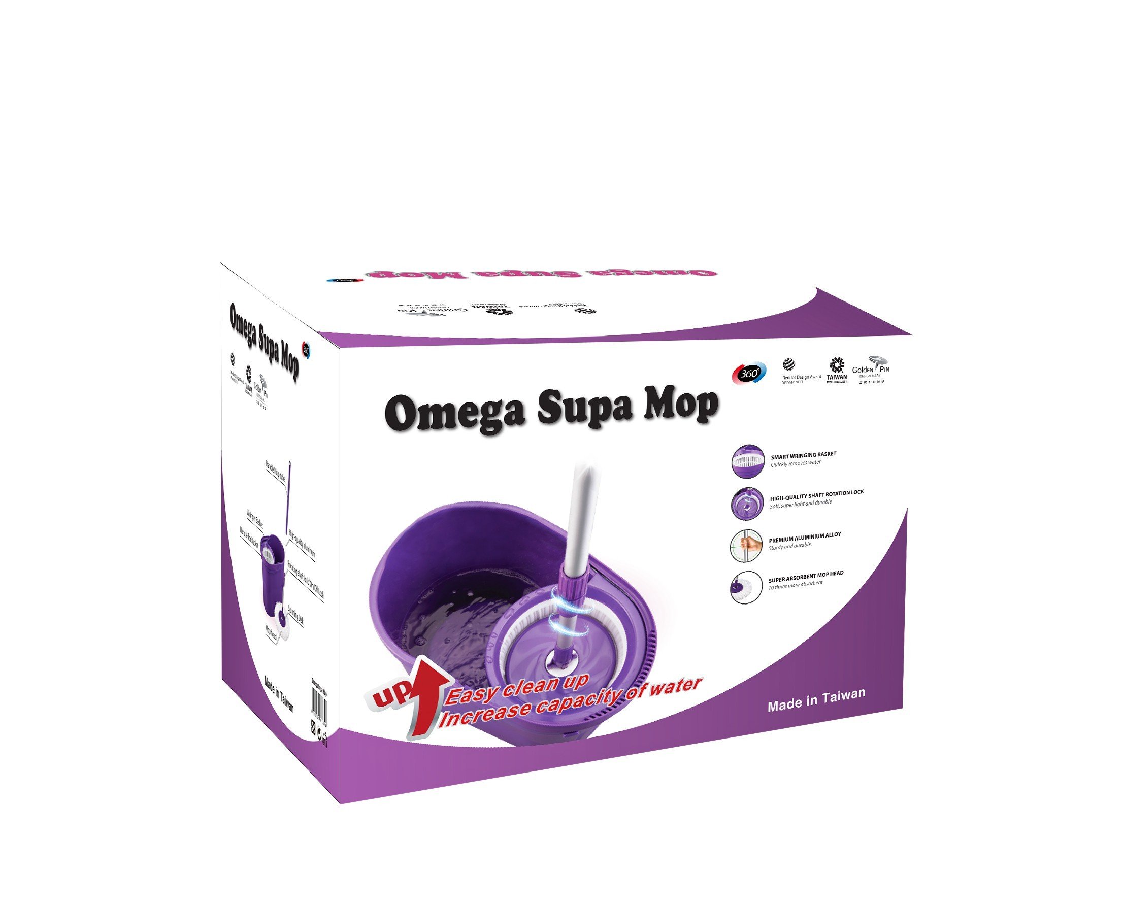 Bộ Lau Nhà Xoay 360 Độ OMEGA SUPA MOP Đài Loan (1 Thân Cây + 2 Bông Lau + 1 Thùng Lau) - Thông Minh - Dung Tích Lớn - Chất Liệu Nhôm Cao Cấp ( QUÀ TẶNG)