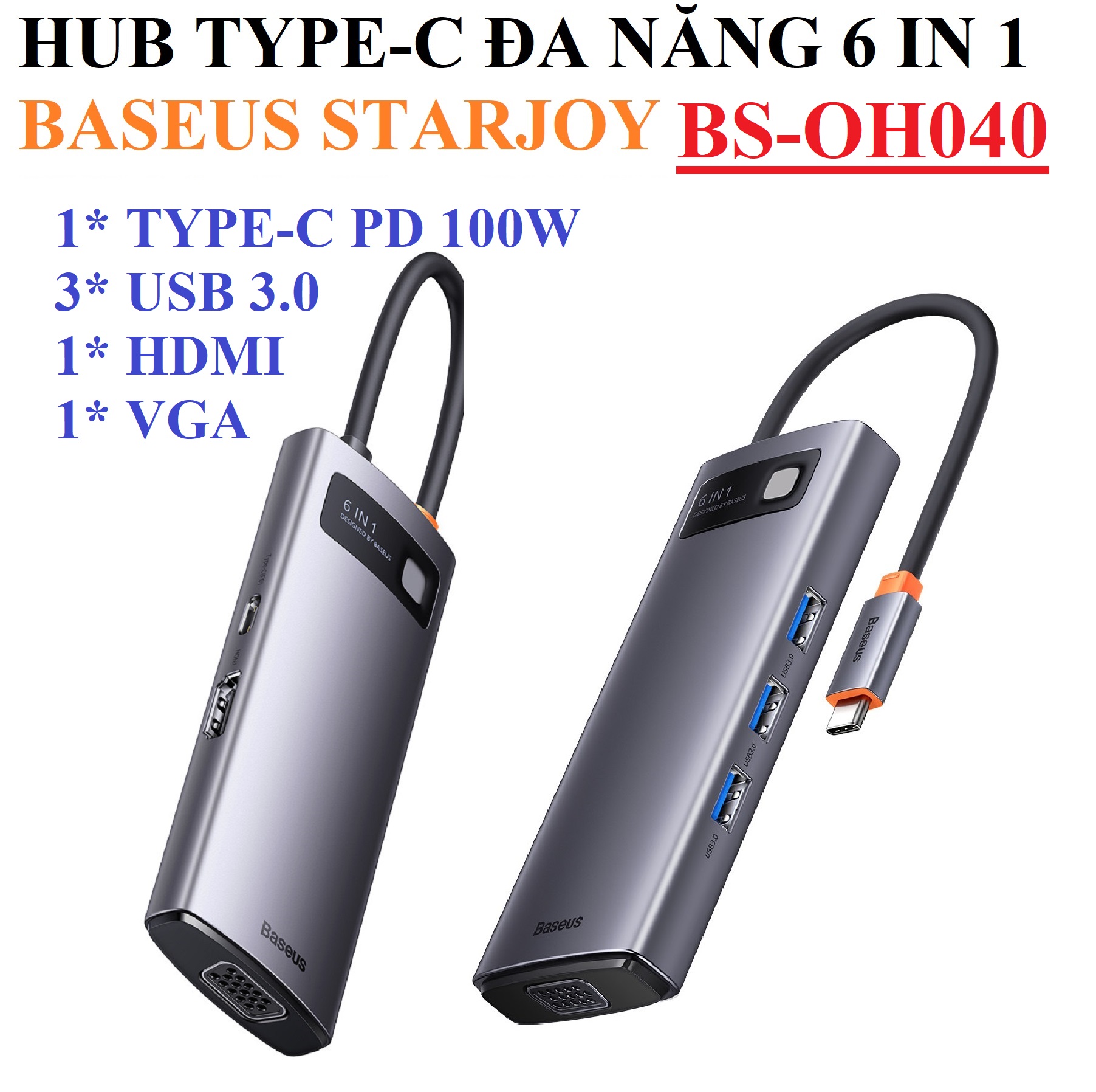 Hub / bộ chia cổng Type-c đa năng 6 trong 1 Baseus STARJOY BS- OH040 _ Hàng chính hãng