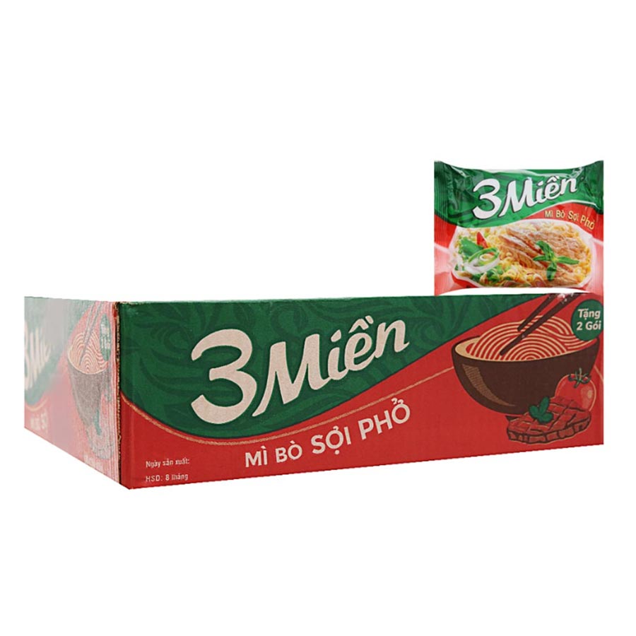 Thùng 30 Gói Mì 3 Miền Bò Sợi Phở 65g