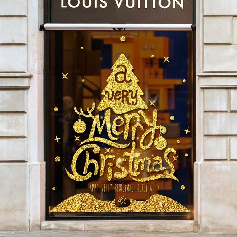 Decal trang trí Noel - Thông Chữ merry Christmas nhũ kim tuyến vàng