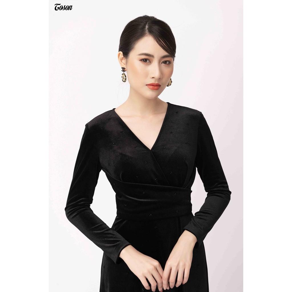 Đầm nhung đen dáng xòe đính cườm tòa, eo xếp bèo chéo - TOSON - 49224B940