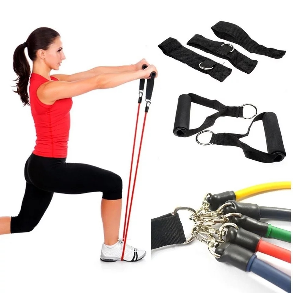 Dây đàn hồi tập Gym, dây tập thể lực - Bộ 11 chi tiết, dây tập kháng lực 100LB tiêu chuẩn tặng kèm massage rung thư giãn