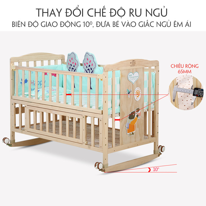 Cũi gỗ 2 tầng kích thước 1m2 có thể kéo dài thành giường 1m6 tặng kèm đệm sơ dừa , màn chống côn trùng