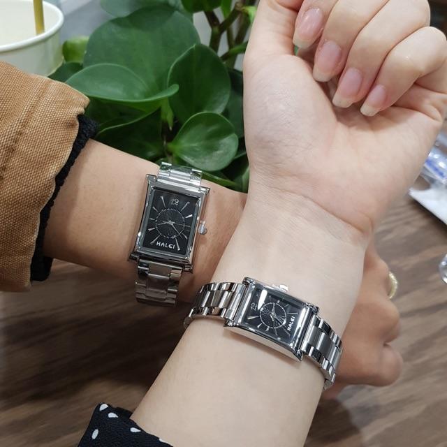 Đồng hồ cặp đôi nam nữ Halei mặt đen dây kim loại chính hãng Tony Watch 68