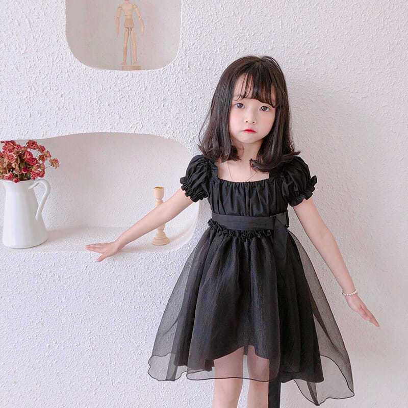 DONGSHOP HOT Cô gái công chúa váy 2021 mùa hè trẻ em màu đen retro khí chất tuxedo đầm đầm cổ tích đầm