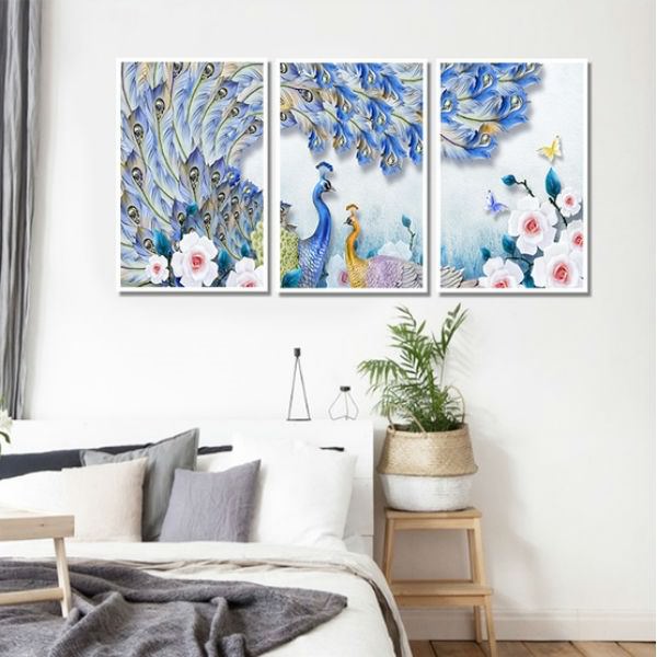 Bộ 3 Tranh Canvas Viền Composite Con Công Treo Tường: Khổng Tước Và Hoa W290