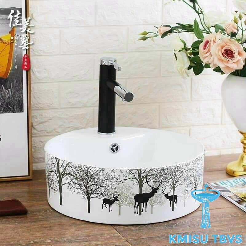 Chậu Lavabo, chậu rửa mặt đặt bàn đá, chậu labo  hình tròn 3 con hươu . Kmisu thiết bị vệ sinh