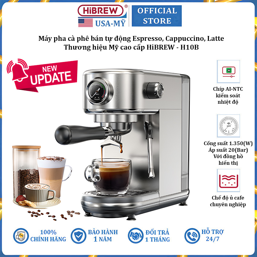 Máy pha cà phê bán tự động Espresso, Cappuccino, Latte thương hiệu HiBREW H10B cao cấp - Hàng Chính Hãng