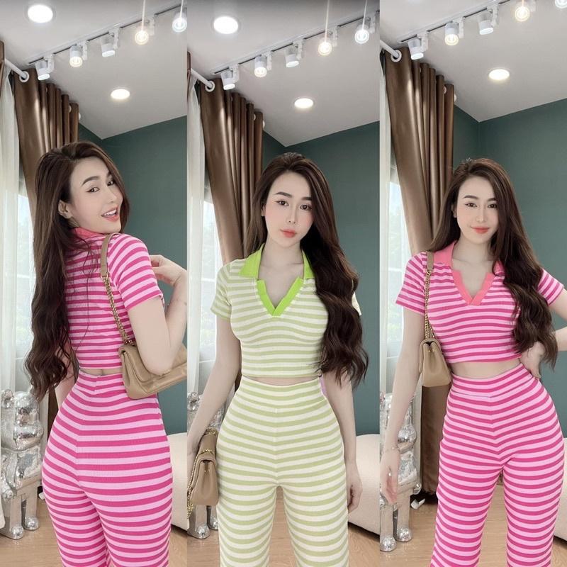 Set áo trụ sọc quần loe