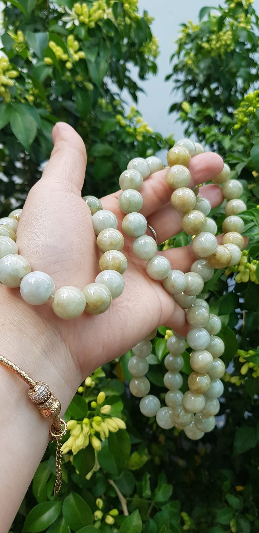 Vòng tay chuỗi nam nữ đá cẩm thạch tự nhiên trắng vàng bóng ngời Vòng size hạt 13mm Màu trắng vàng đất nhẹ bóng mượt thiệt đẹp ạ
