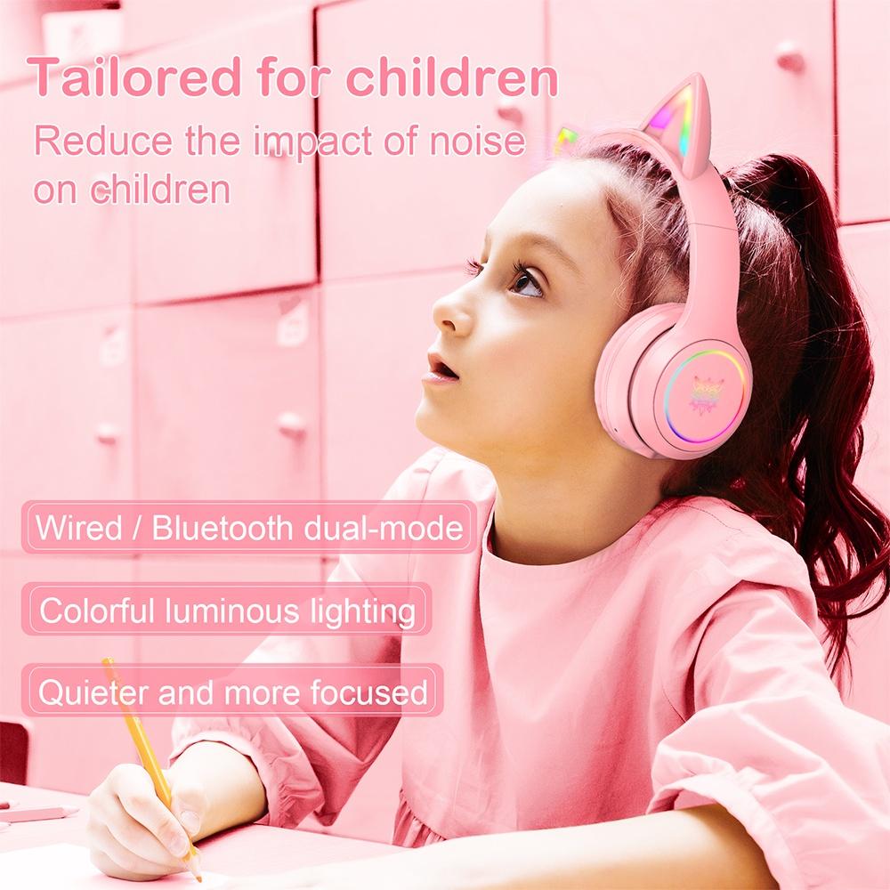 Tai nghe chơi game không dây Bluetooth tai mèo ONIKUMA B20 Hồng với micrô có thể thu vào đèn RGB [Hàng chính hãng]