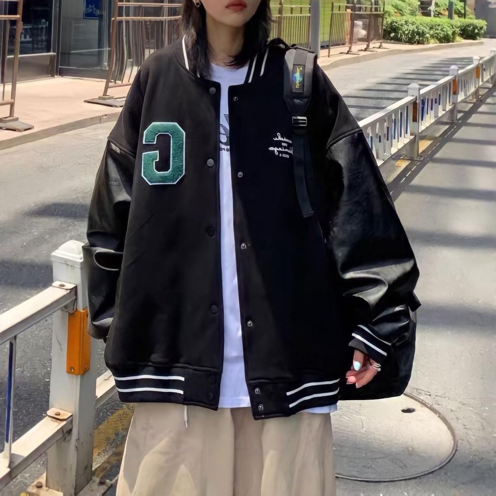 Áo Bomber Unisex Nam Nữ Tay Da Thêu Chữ G Dáng Thụng Cúc Bấm