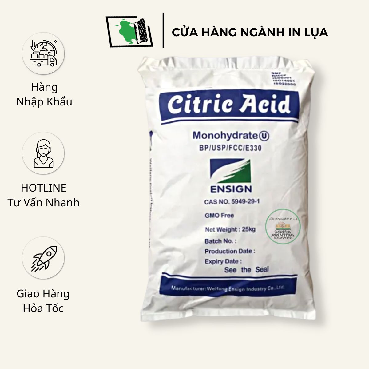 Bao 25 kg Axit chanh, acid citric, bột chanh điều chỉnh PH, bột tạo độ chua