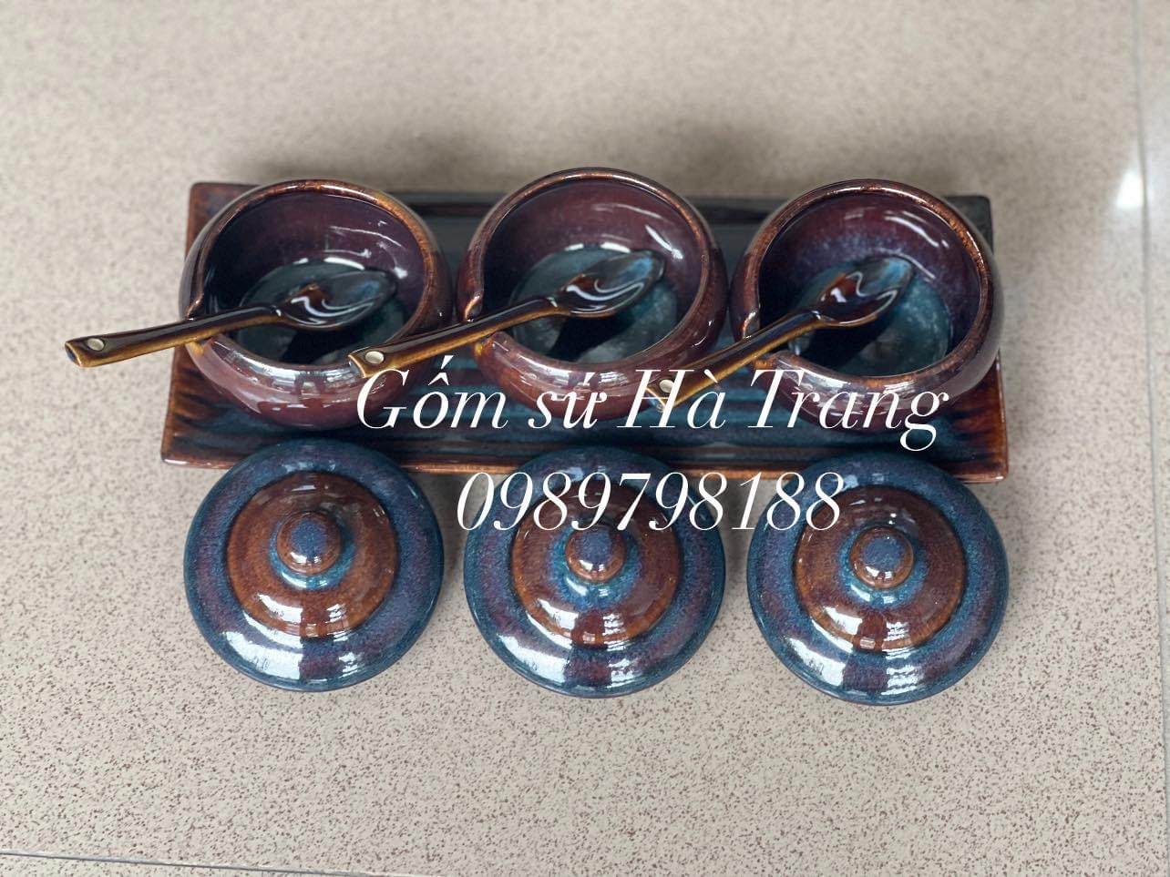Bộ hũ gia vị gốm sứ Bát Tràng cao cấp men hoả biến lam